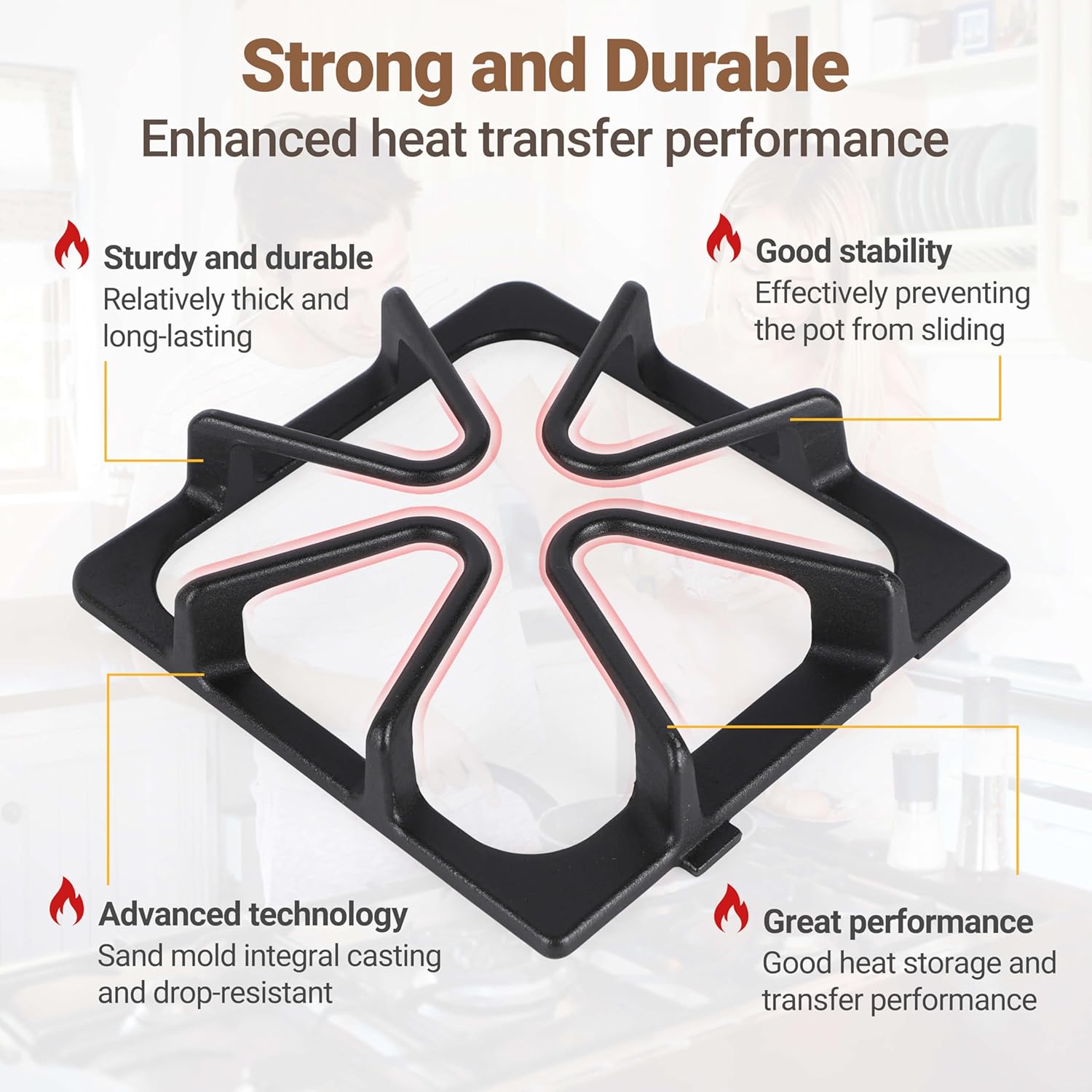 Whirlpool Gas Stove Grate Set-4 Pack, 8 ¾ x 8 ¼ inch Burner Grate Range Rack, Porcelain Enamel Cast Iron, Compatible with Maytag, Amana, Kenmore
