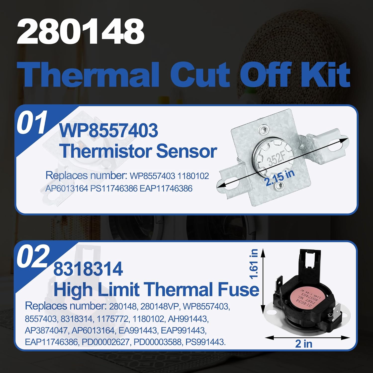 Whirlpool Maytag Dryer Heating Element with Thermal Cut Off Kit and High Limit Thermostat