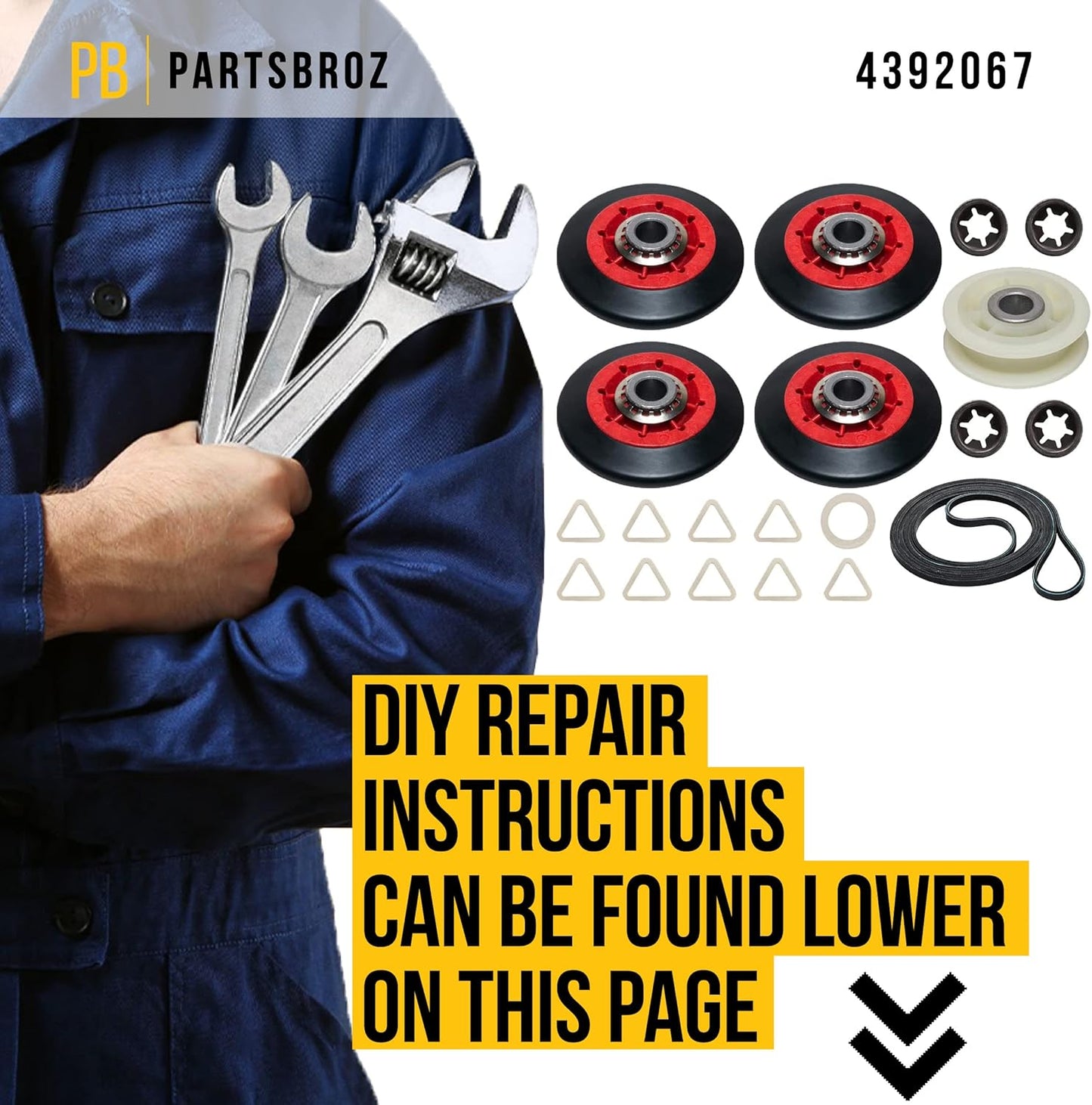 Whirlpool Maytag Dryer Repair Kit - PartsBroz 4392067 Compatible with Bravos Cabrio Duet - Includes 661570V Belt, WPW10314173 Roller, 279640 Pulley, WPW10512946 WP233520