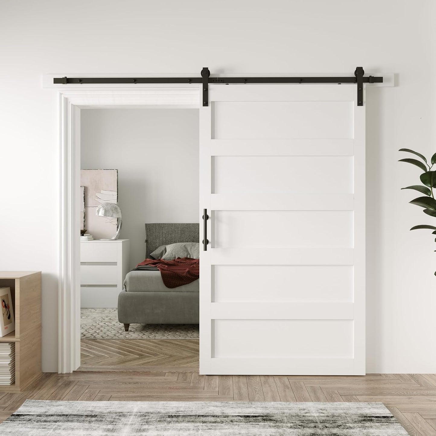 White 48in x 84in Sliding Barn Door Kit with 8ft Hardware & Handle - Easy Assembly, Waterproof PVC Surface, 5 Panel