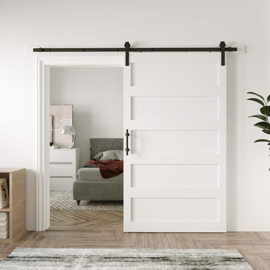 White 48in x 84in Sliding Barn Door Kit with 8ft Hardware & Handle - Easy Assembly, Waterproof PVC Surface, 5 Panel