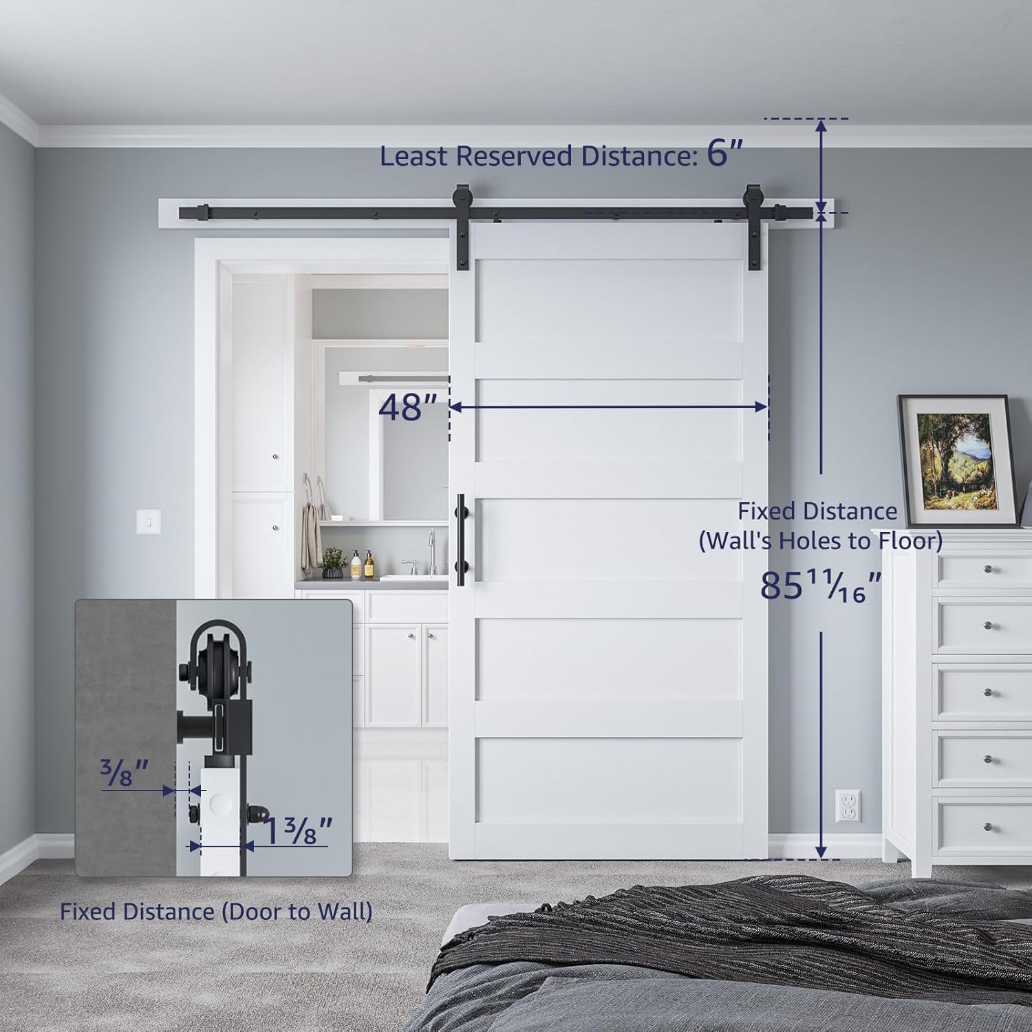 White 48in x 84in Sliding Barn Door Kit with 8ft Hardware & Handle - Easy Assembly, Waterproof PVC Surface, 5 Panel