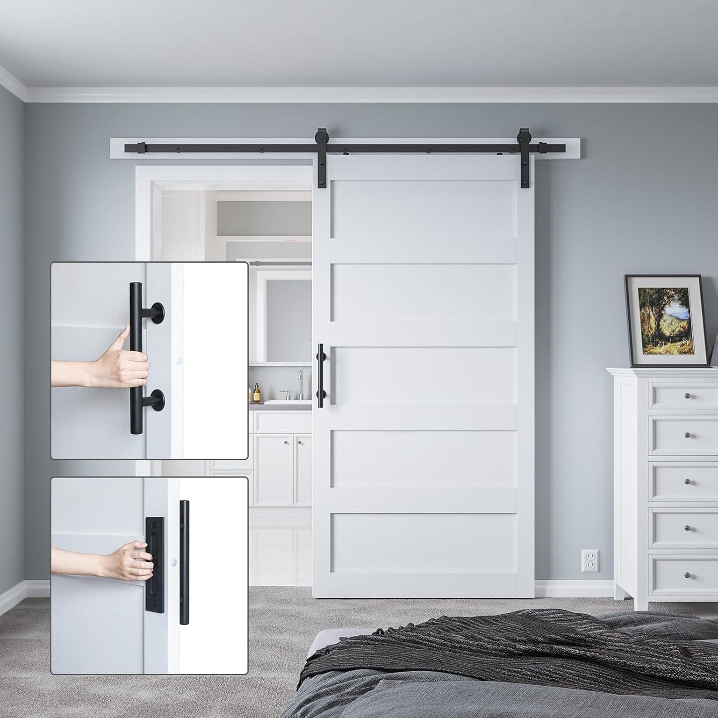White 48in x 84in Sliding Barn Door Kit with 8ft Hardware & Handle - Easy Assembly, Waterproof PVC Surface, 5 Panel