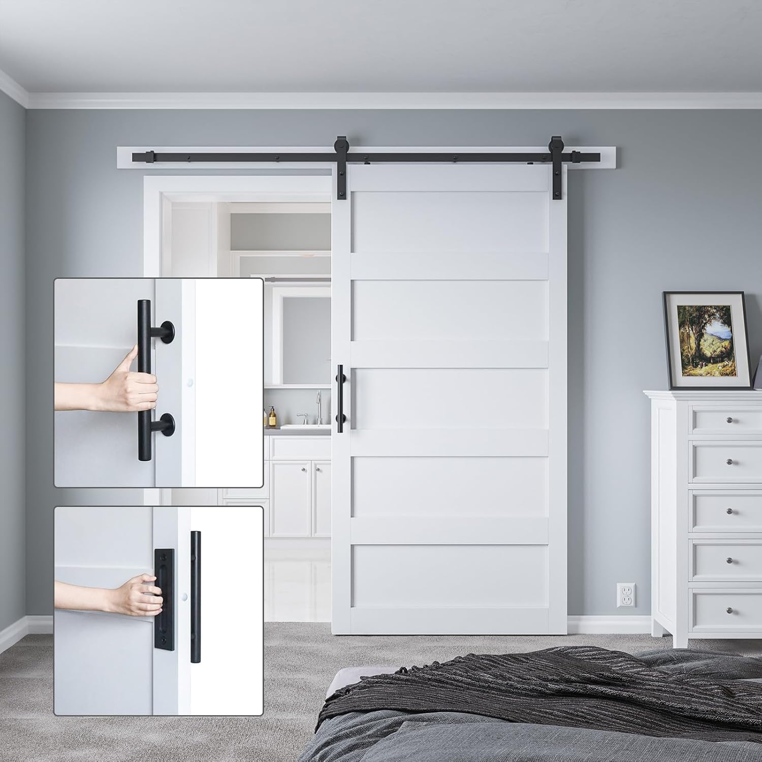 White 48in x 84in Sliding Barn Door Kit with 8ft Hardware & Handle - Easy Assembly, Waterproof PVC Surface, 5 Panel