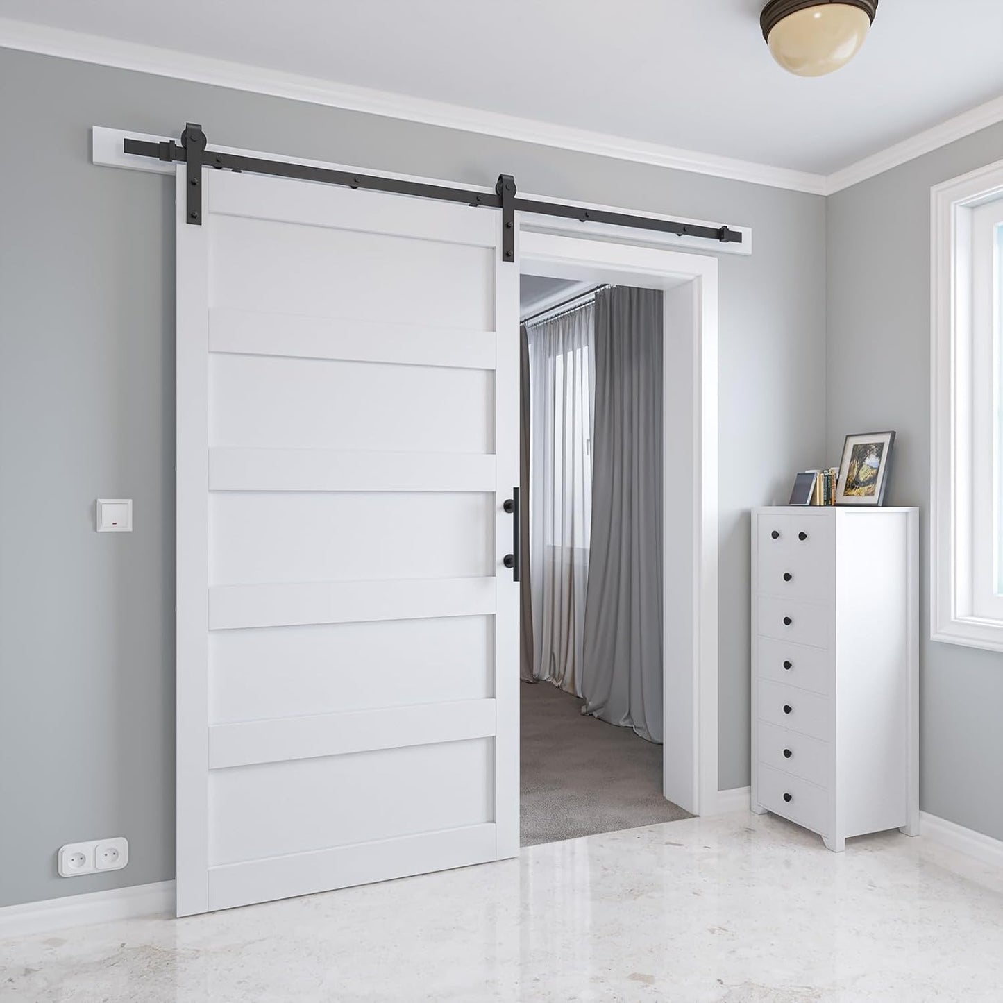 White 48in x 84in Sliding Barn Door Kit with 8ft Hardware & Handle - Easy Assembly, Waterproof PVC Surface, 5 Panel