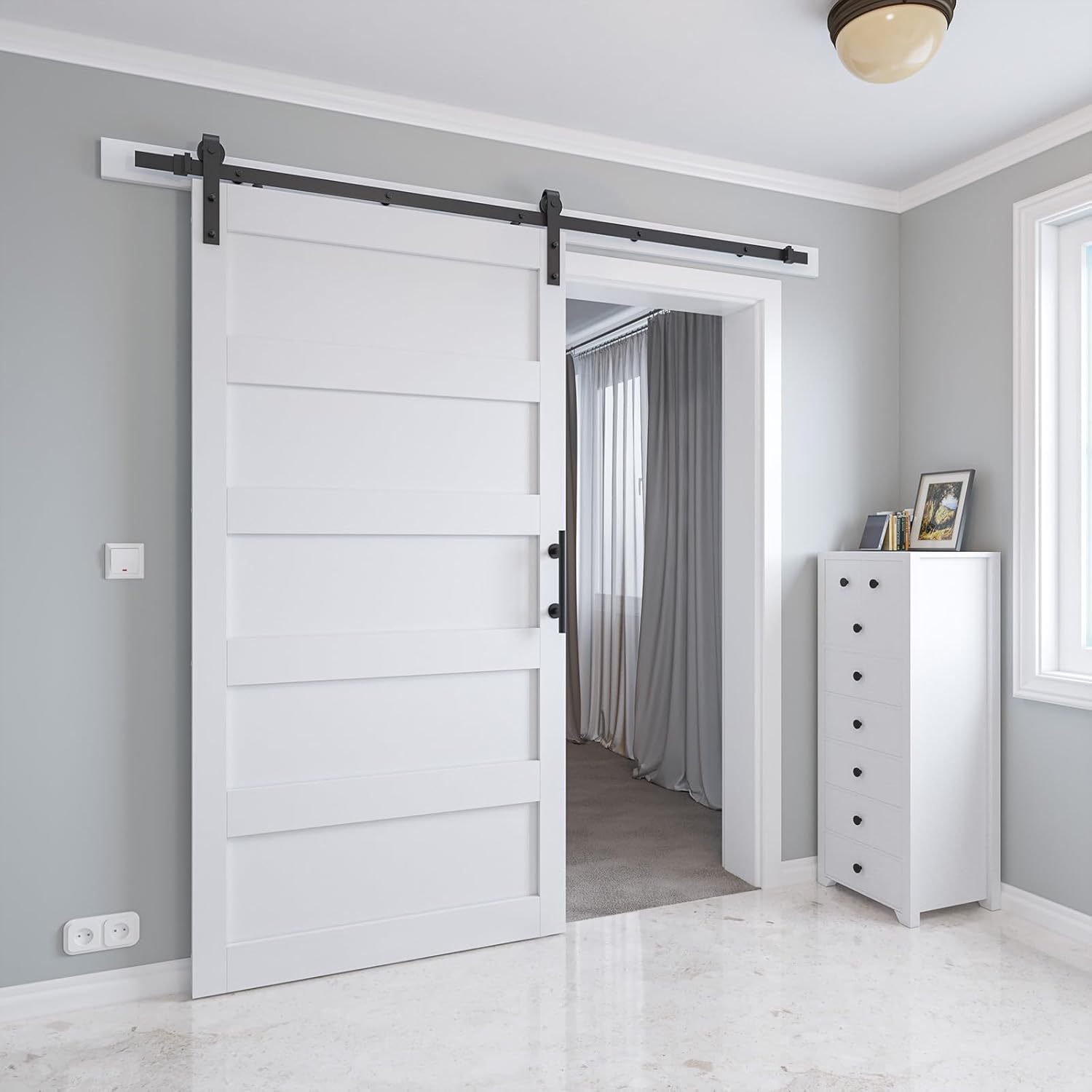 White 48in x 84in Sliding Barn Door Kit with 8ft Hardware & Handle - Easy Assembly, Waterproof PVC Surface, 5 Panel