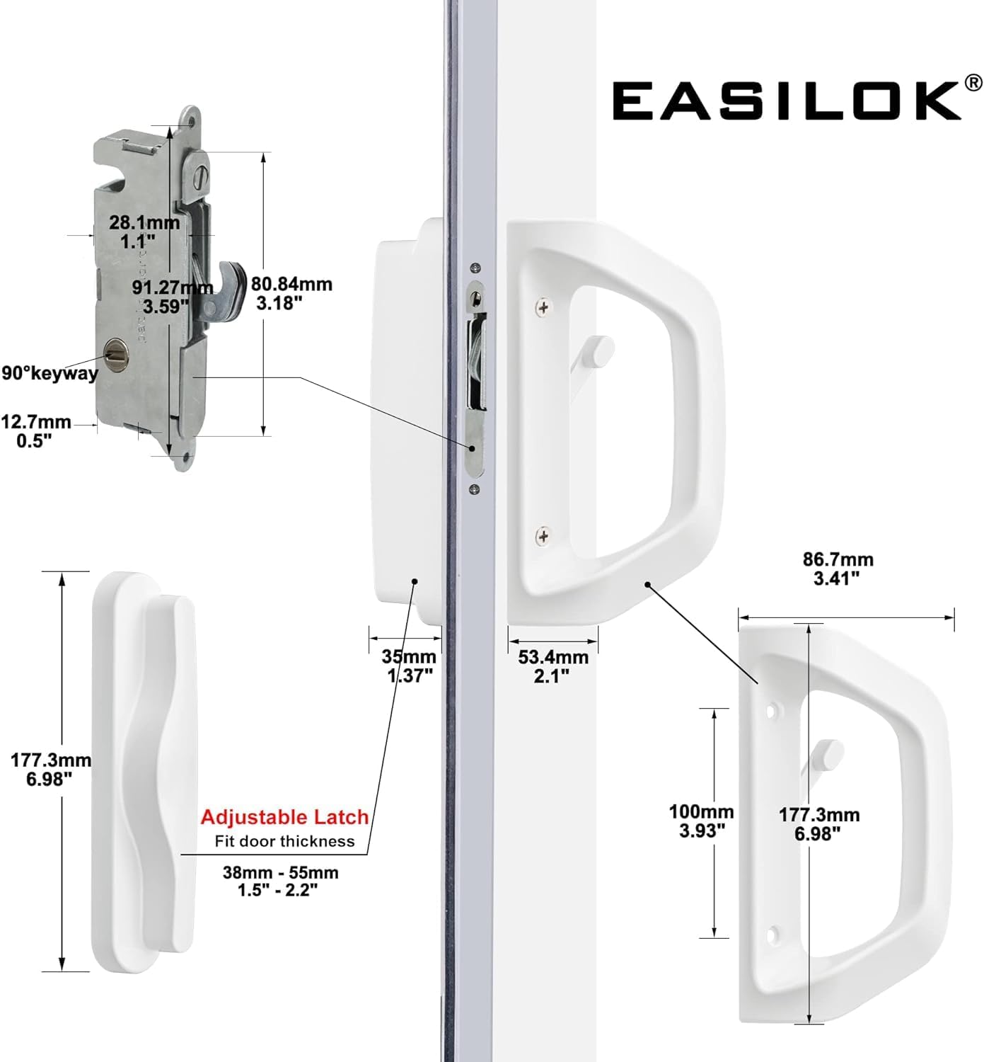 White AIsecure Sliding Glass Door Handle Set with Mortise Lock - Fits 1-1/2" to 1-3/4" Doors, Reversible Design, Non-Handed, Keyless Option