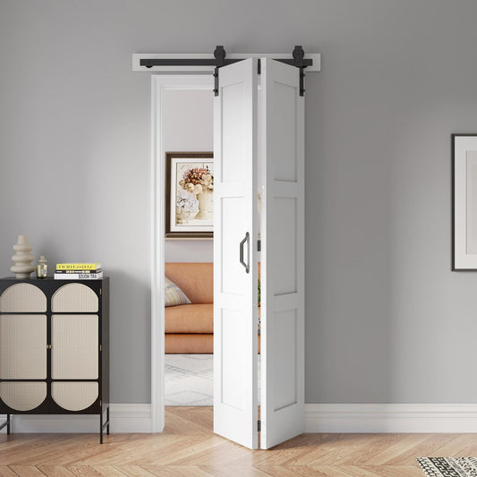 White Bi-fold Barn Door Sliding Folding Door Set with Hardware Kit - Solid MDF/PVC Surface, 32x84 (Double 16x84) - Assembly Required - WildKart