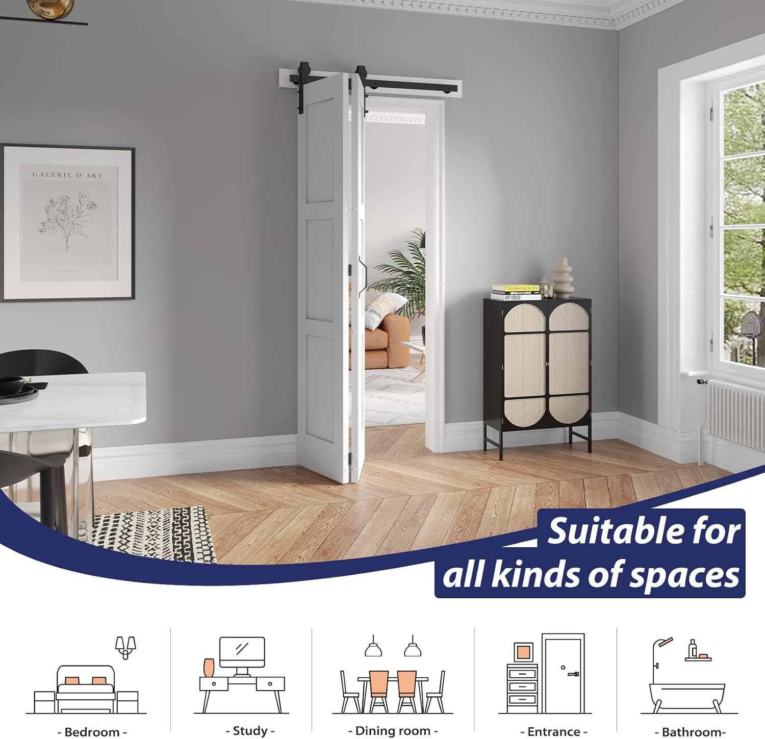 White Bi-fold Barn Door Sliding Folding Door Set with Hardware Kit - Solid MDF/PVC Surface, 32x84 (Double 16x84) - Assembly Required - WildKart