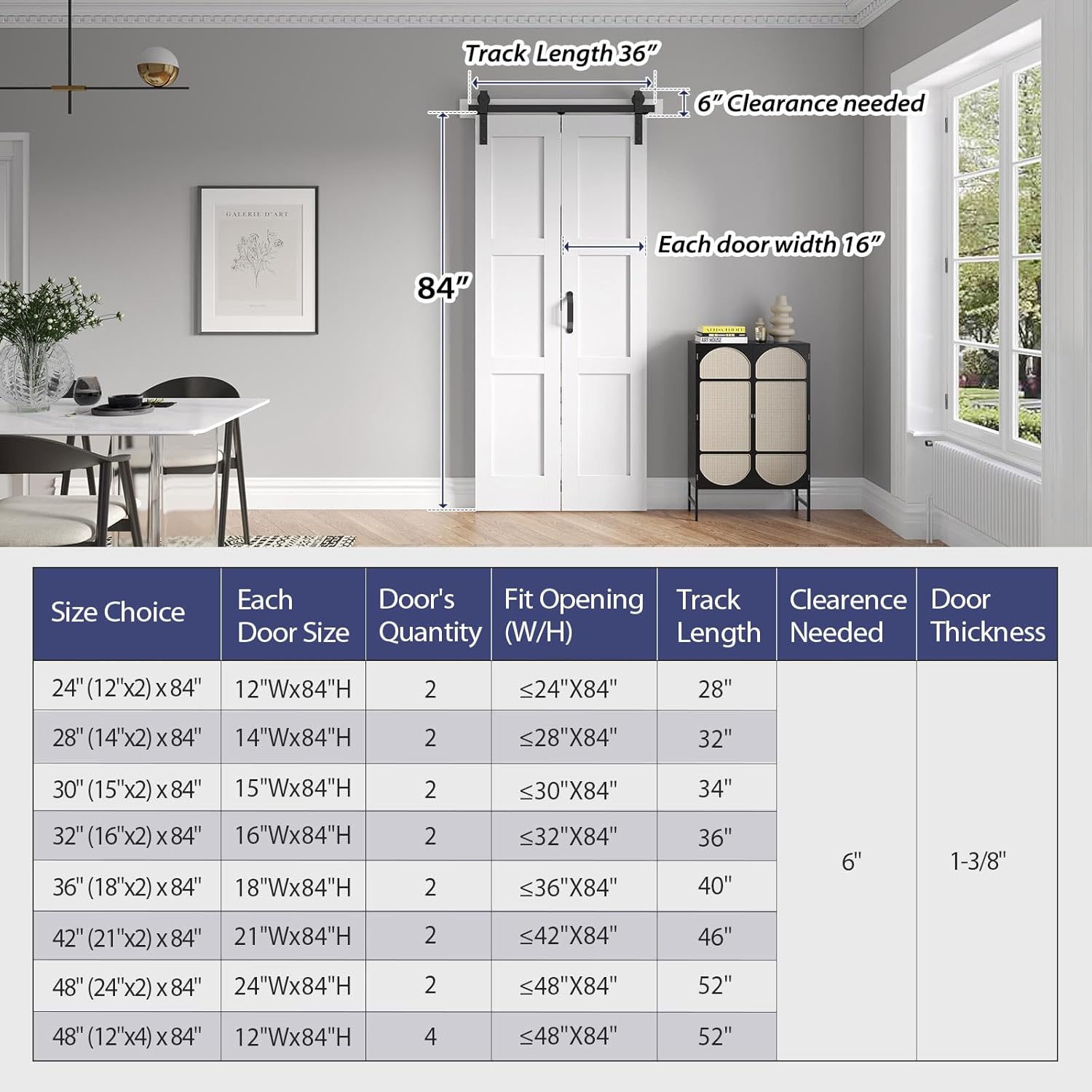 White Bi-fold Barn Door Sliding Folding Door Set with Hardware Kit - Solid MDF/PVC Surface, 32x84 (Double 16x84) - Assembly Required - WildKart