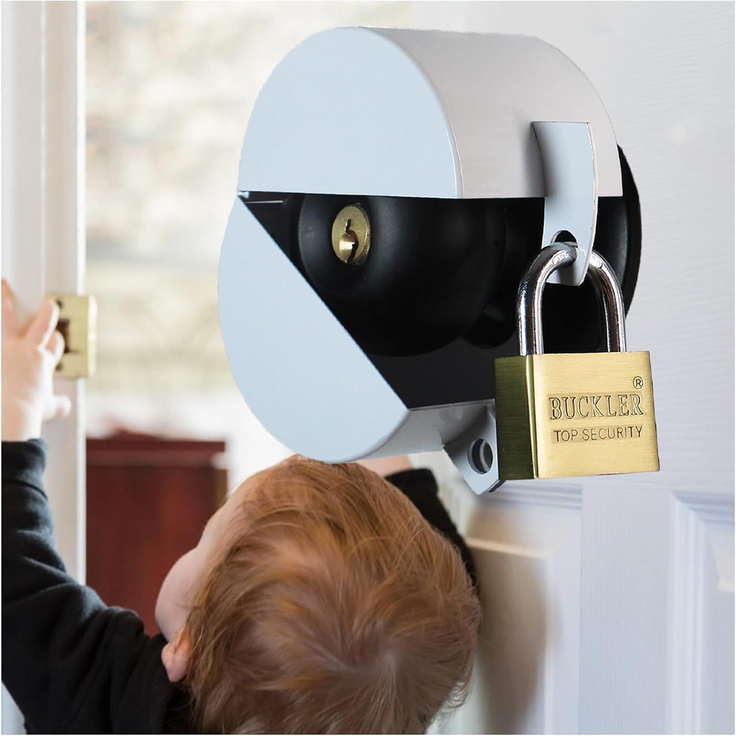 White Door Handle Lock Cover with Padlock - Temporary Knob Lockout Device for Faucet Safety - Prevent Entry into Keyhole