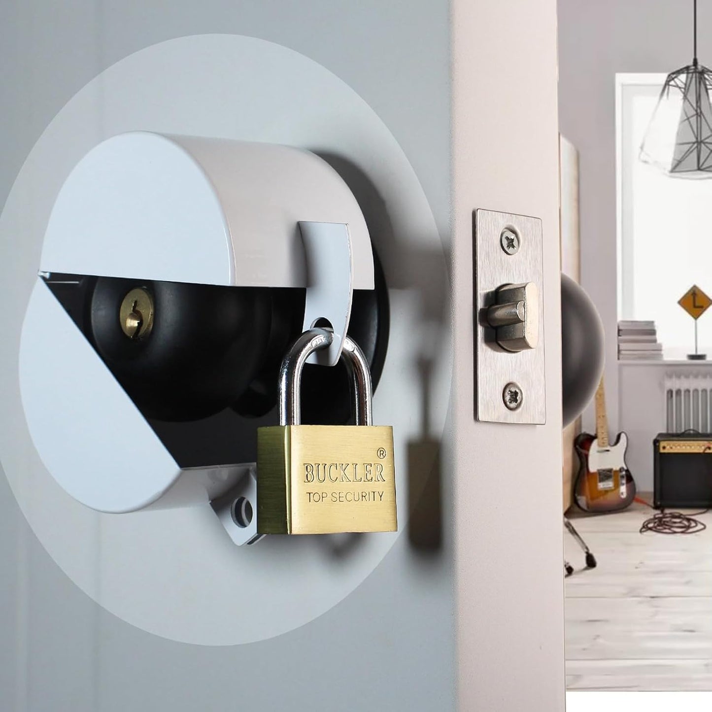 White Door Handle Lock Cover with Padlock - Temporary Knob Lockout Device for Faucet Safety - Prevent Entry into Keyhole