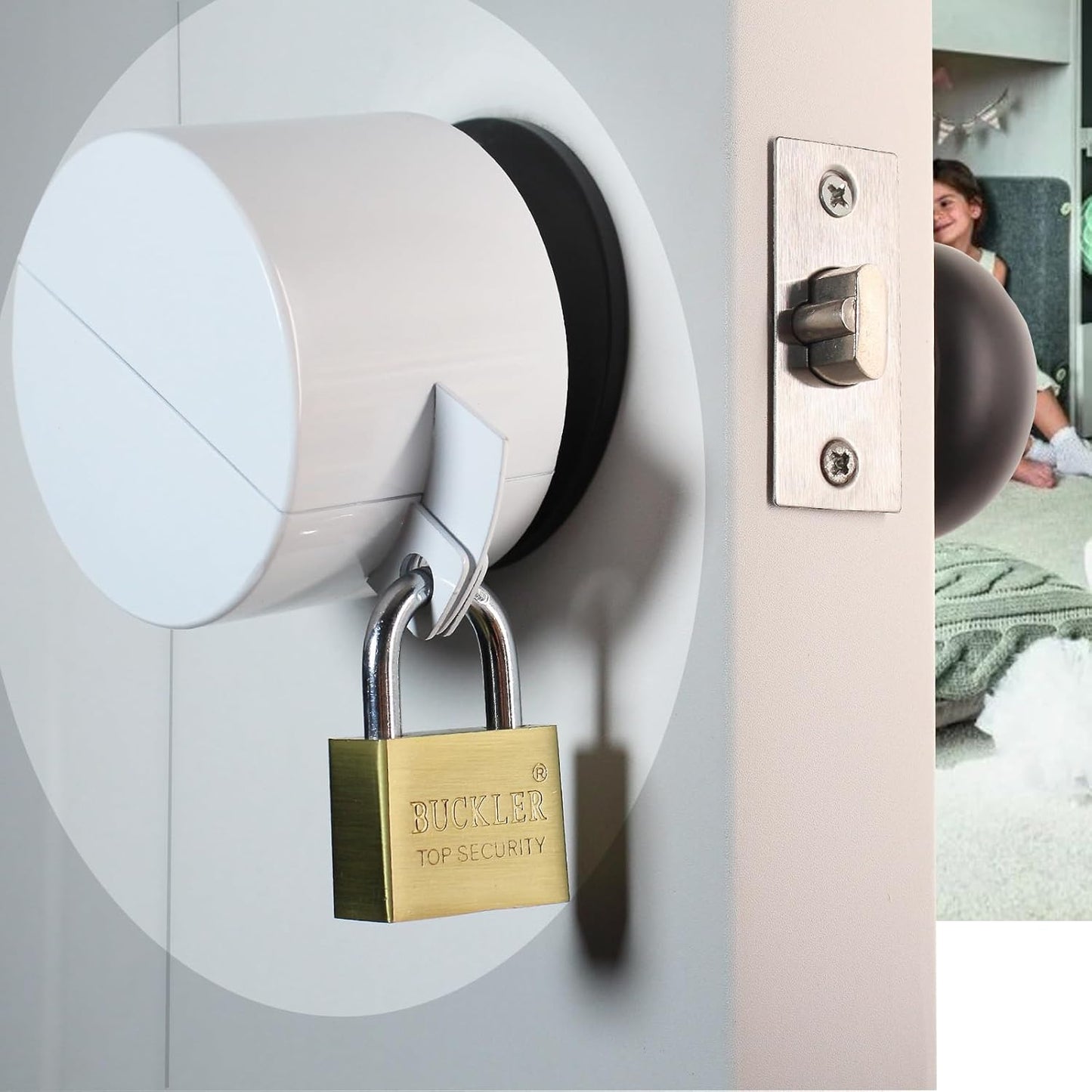 White Door Handle Lock Cover with Padlock - Temporary Knob Lockout Device for Faucet Safety - Prevent Entry into Keyhole