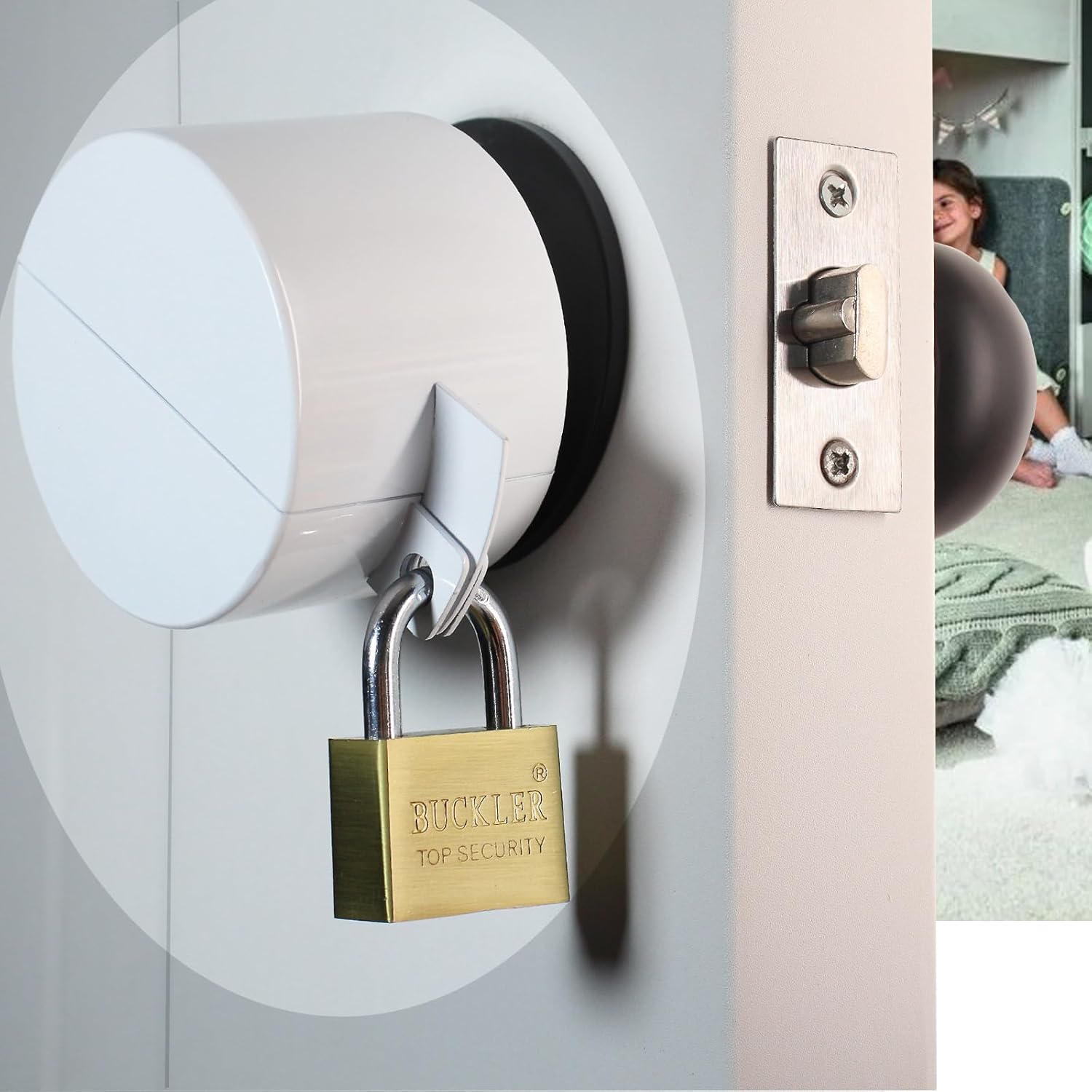 White Door Handle Lock Cover with Padlock - Temporary Knob Lockout Device for Faucet Safety - Prevent Entry into Keyhole