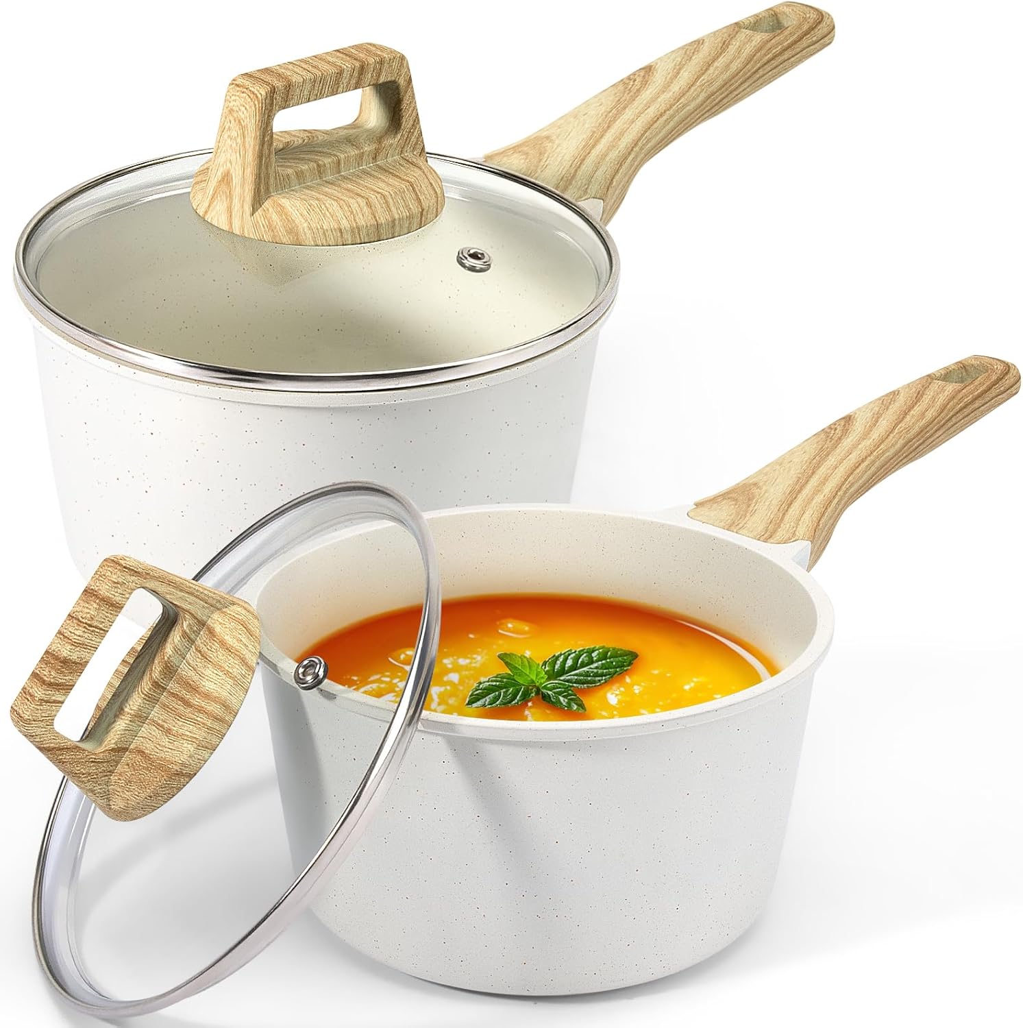 White Granite Nonstick Sauce Pan Set with Lid - 1.5Qt & 2.5Qt Non Stick Pots, Stay-Cool Handle, Small Kitchen Cooking Set, Induction Compatible, PFOA Free