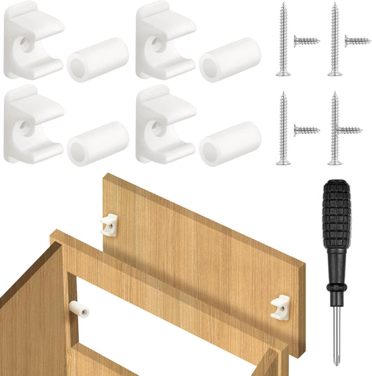 White Juexica False Front Clips for Cabinet and Drawer Sink Tip Out - Set of 4 Pairs with Screws and Screwdrivers