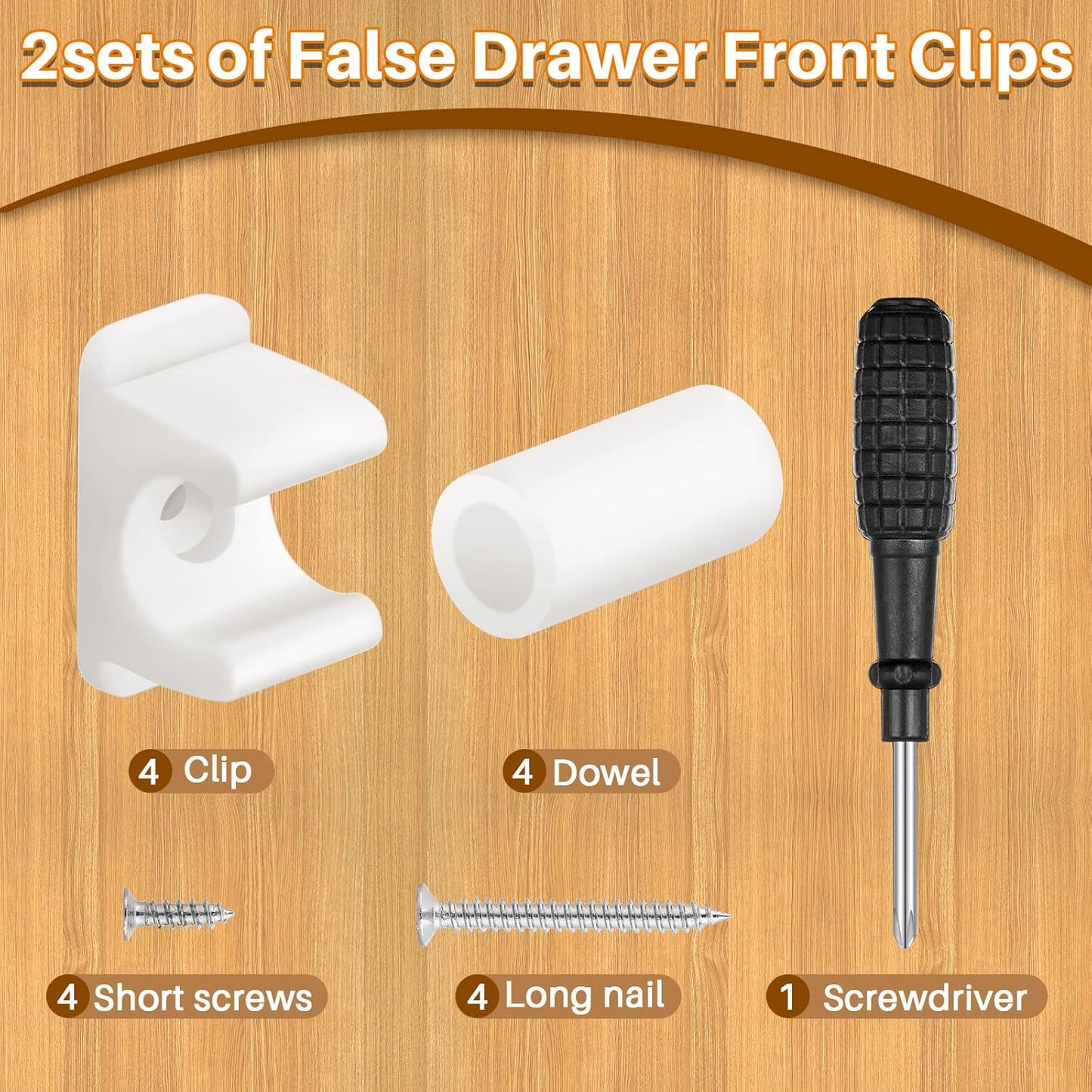 White Juexica False Front Clips for Cabinet and Drawer Sink Tip Out - Set of 4 Pairs with Screws and Screwdrivers