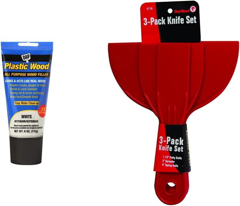 White Latex Wood Filler 6oz & Red Devil 4718 3-Piece Plastic Knife Set - Combo Pack for Home Repairs