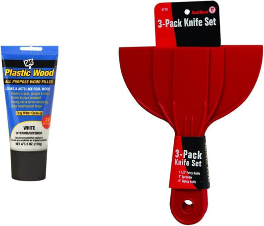 White Latex Wood Filler 6oz & Red Devil 4718 3-Piece Plastic Knife Set - Combo Pack for Home Repairs