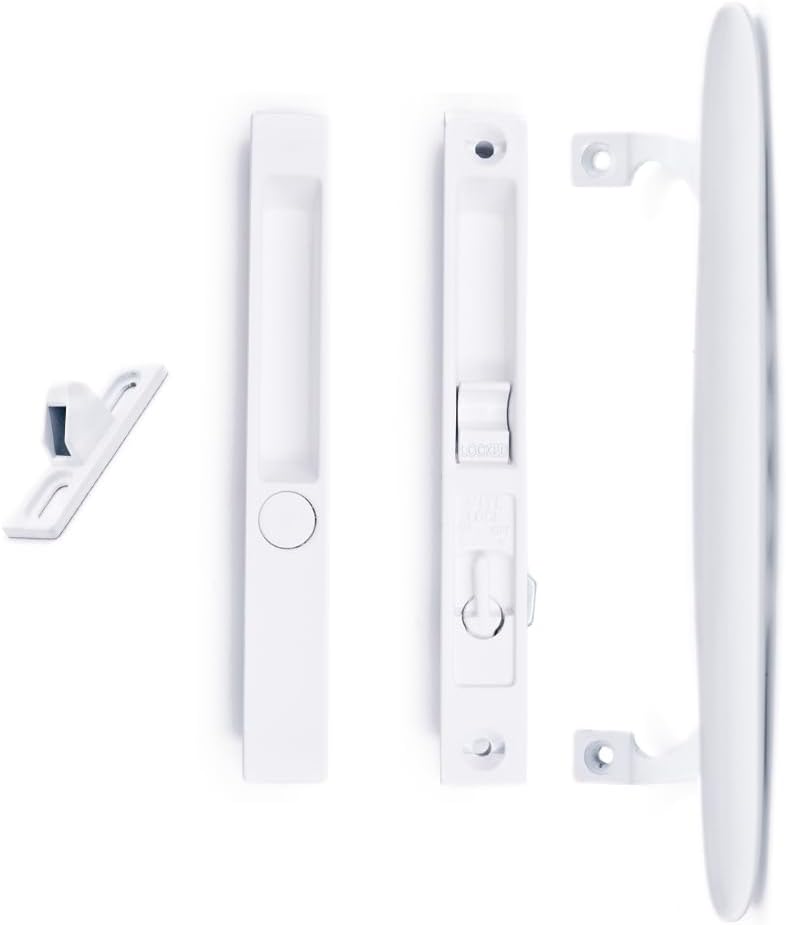 White Non-Keyed Sliding Glass Patio Door Handle Set - Fits 1" to 1-1/8" Thick Doors - Night Lock, Hook Latch - 6-5/8" H.C. - Flush Mount - Non-Handed