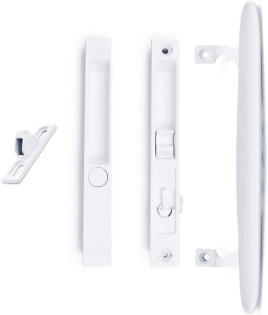 White Non-Keyed Sliding Glass Patio Door Handle Set - Fits 1" to 1-1/8" Thick Doors - Night Lock, Hook Latch - 6-5/8" H.C. - Flush Mount - Non-Handed