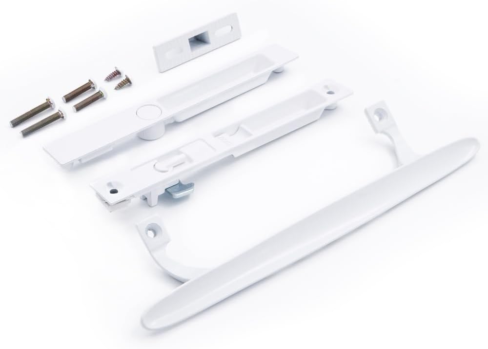 White Non-Keyed Sliding Glass Patio Door Handle Set - Fits 1" to 1-1/8" Thick Doors - Night Lock, Hook Latch - 6-5/8" H.C. - Flush Mount - Non-Handed
