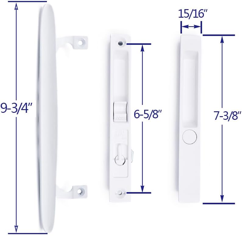 White Non-Keyed Sliding Glass Patio Door Handle Set - Fits 1" to 1-1/8" Thick Doors - Night Lock, Hook Latch - 6-5/8" H.C. - Flush Mount - Non-Handed