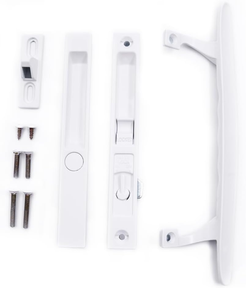 White Non-Keyed Sliding Glass Patio Door Handle Set - Fits 1" to 1-1/8" Thick Doors - Night Lock, Hook Latch - 6-5/8" H.C. - Flush Mount - Non-Handed