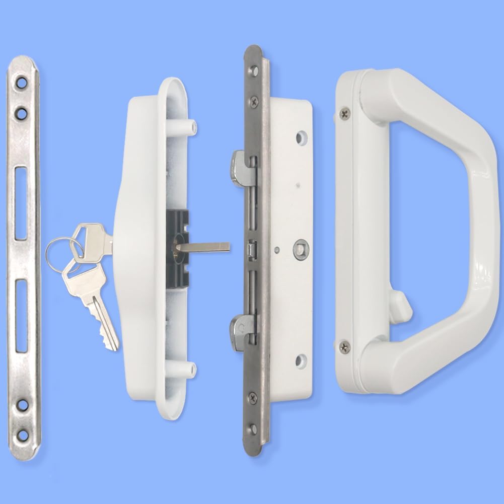 White Patio Sliding Door Handle Set with Mortise Lock, Fits 1.5in to 2in Thickness, 4-15/16" Screw Holes, Keyed Reversible Design