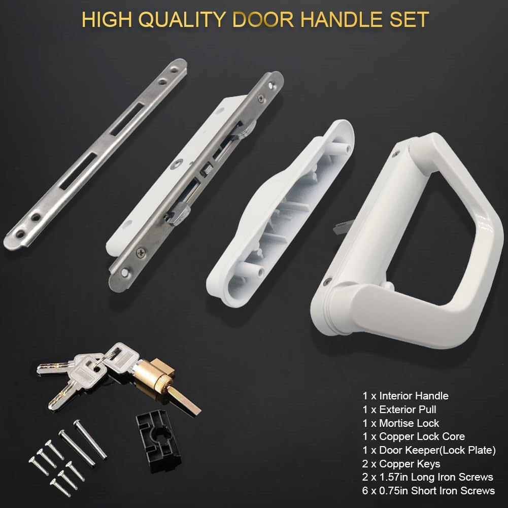 White Patio Sliding Door Handle Set with Mortise Lock, Fits 1.5in to 2in Thickness, 4-15/16" Screw Holes, Keyed Reversible Design