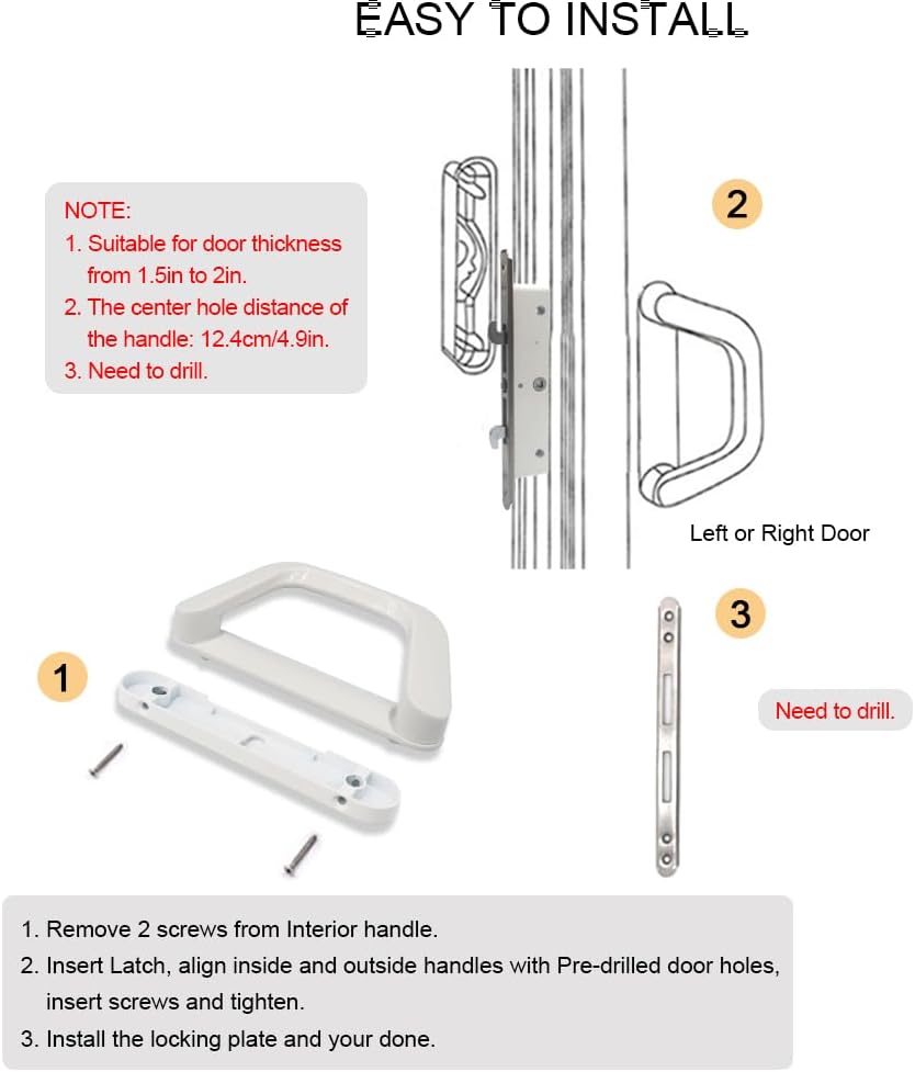 White Patio Sliding Door Handle Set with Mortise Lock, Fits 1.5in to 2in Thickness, 4-15/16" Screw Holes, Keyed Reversible Design