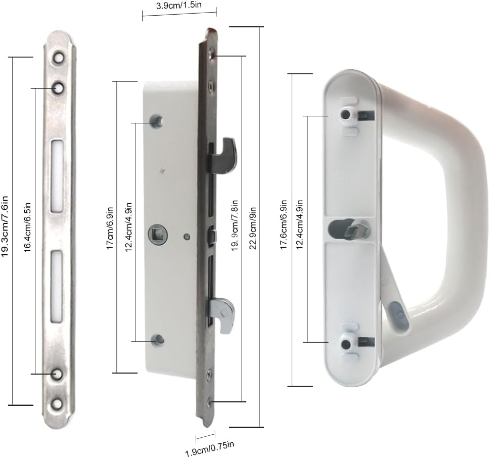 White Patio Sliding Door Handle Set with Mortise Lock, Fits 1.5in to 2in Thickness, 4-15/16" Screw Holes, Keyed Reversible Design