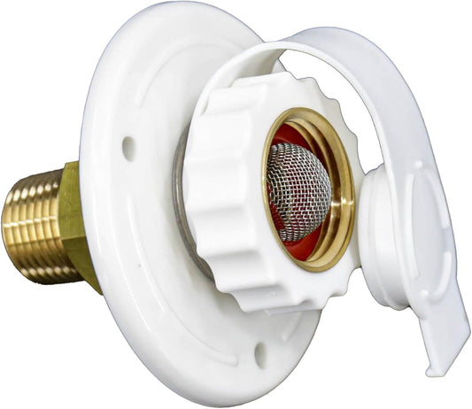 White RV Water Inlet Connection with Check Valve and Hose Connector - 1/2" NPT Male Flange for City Water Hookup in Camper