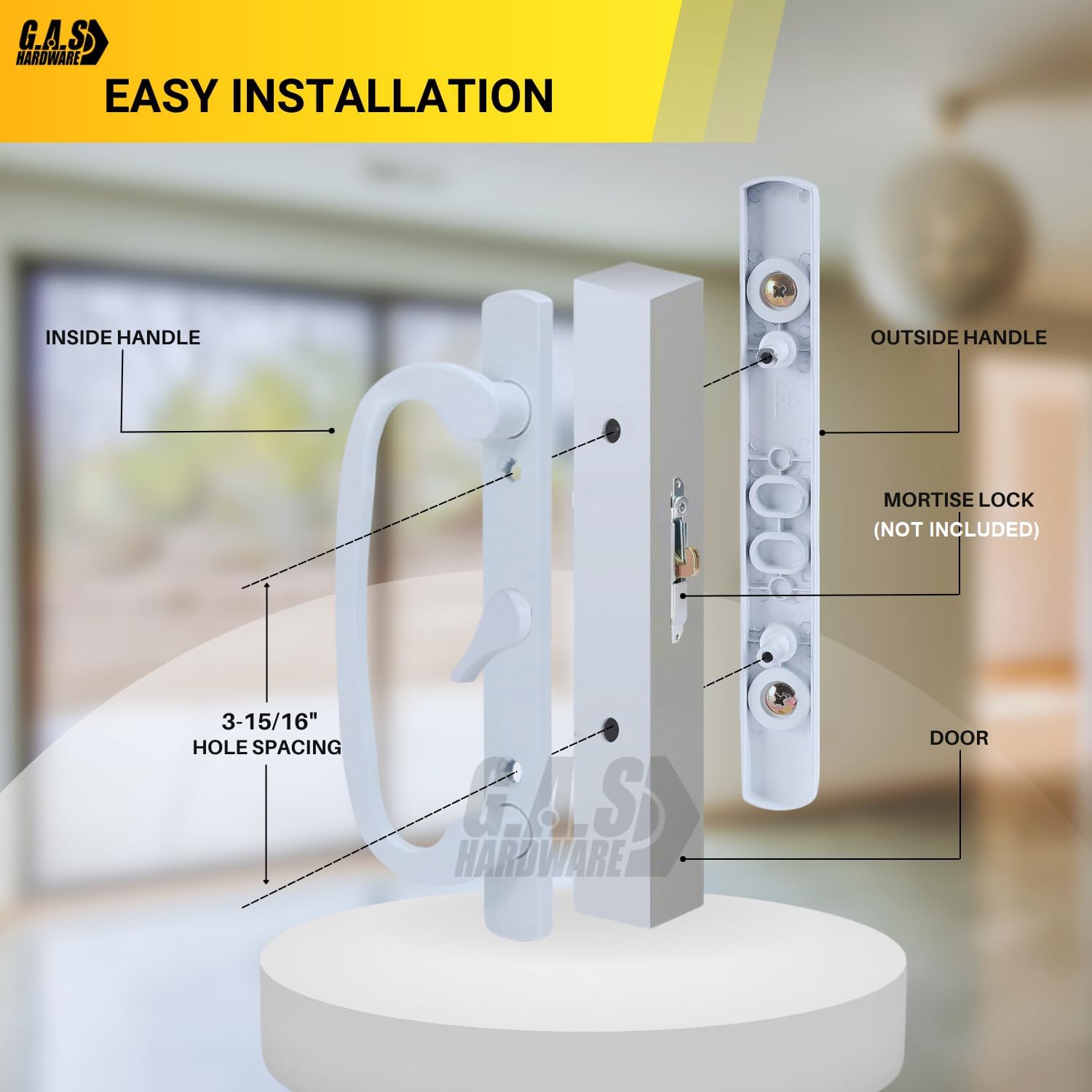 White Sliding Patio Glass Door Center Latch Handle Set Replacement - Sash Controls 2265 - Mortise Type, Fits 3-15/16" Screw Hole Spacing