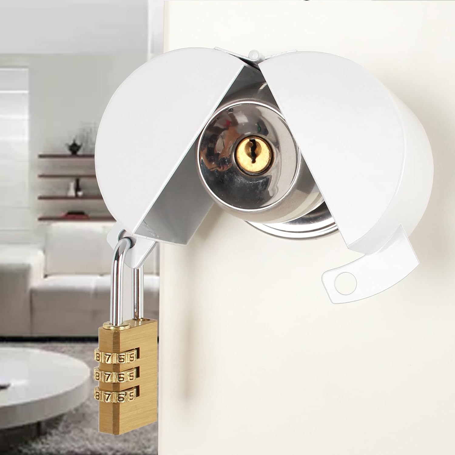 White TEMEILI Door Knob Lock for Apartment Evictions, Dementia Patients, Childproof - Prevents Access to Keyhole, Easy Installation, Outside Access Prevention