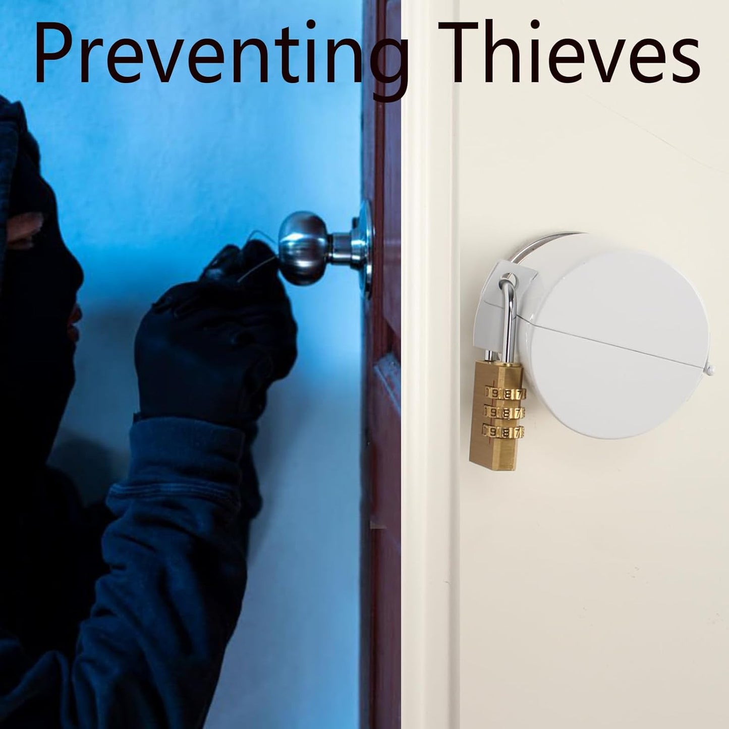 White TEMEILI Door Knob Lock for Apartment Evictions, Dementia Patients, Childproof - Prevents Access to Keyhole, Easy Installation, Outside Access Prevention