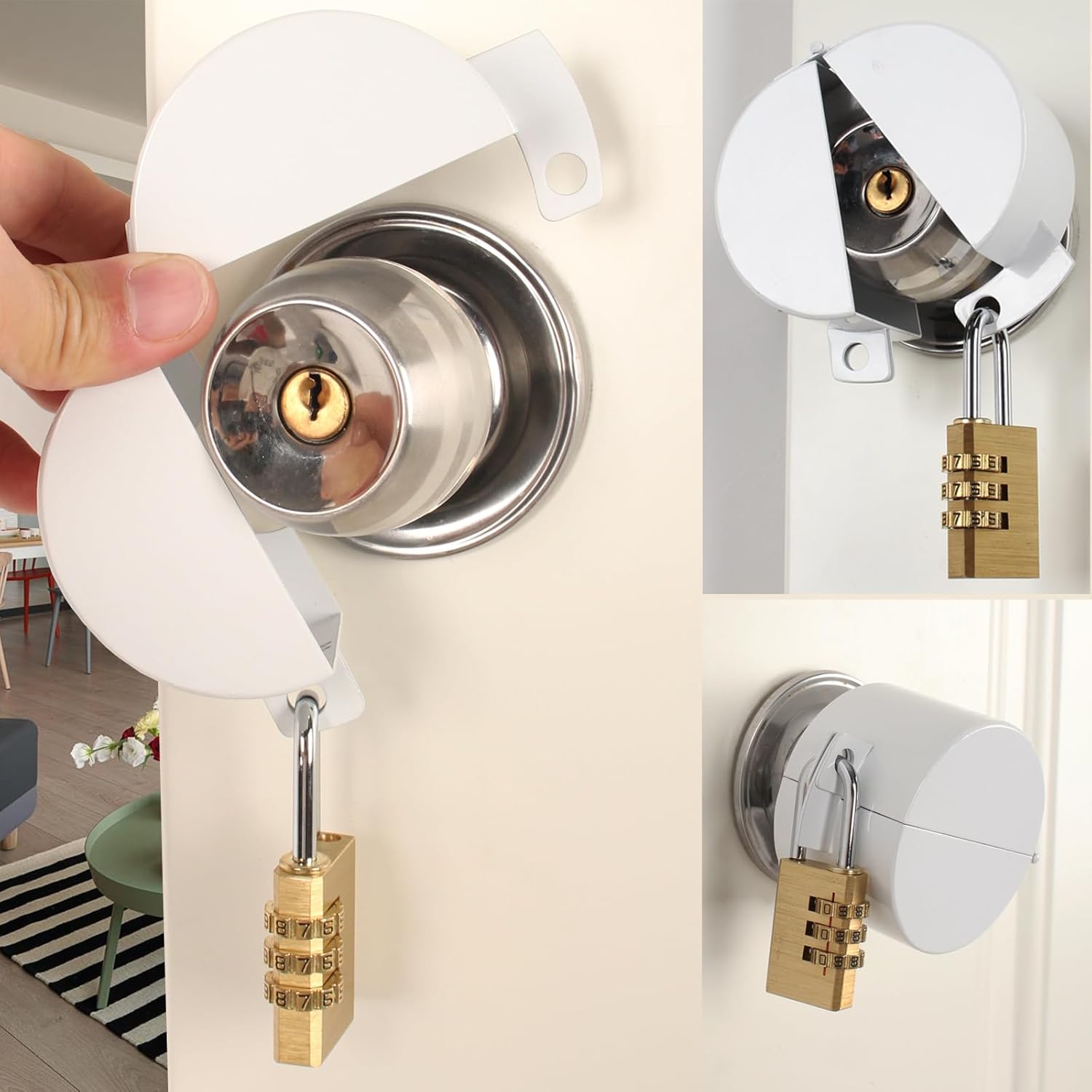 White TEMEILI Door Knob Lock for Apartment Evictions, Dementia Patients, Childproof - Prevents Access to Keyhole, Easy Installation, Outside Access Prevention