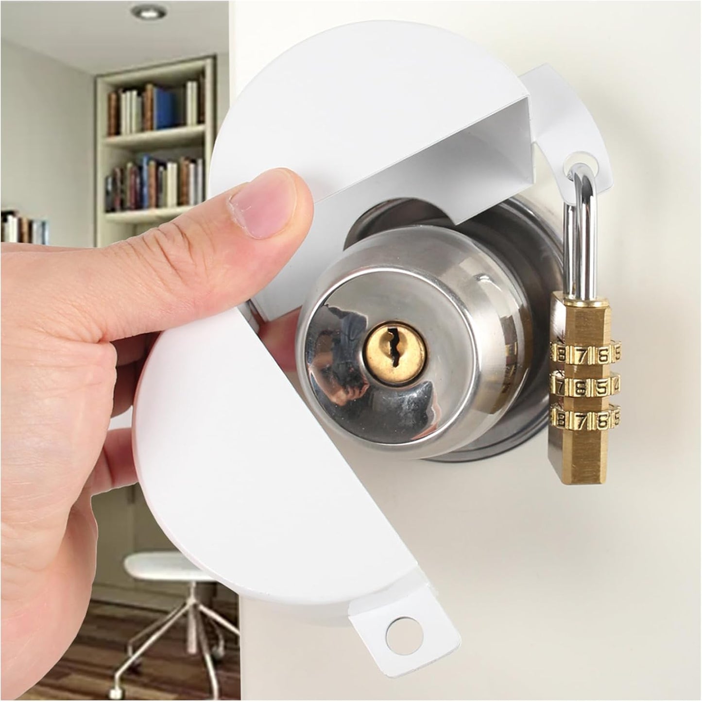 White TEMEILI Door Knob Lock for Apartment Evictions, Dementia Patients, Childproof - Prevents Access to Keyhole, Easy Installation, Outside Access Prevention