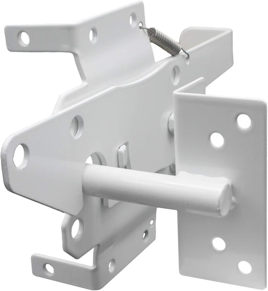 White Vinyl Gate Latch with Mounting Hardware for Vinyl, Wood, PVC Fencing - 90 Degree Bracket for Secure Gate Connection
