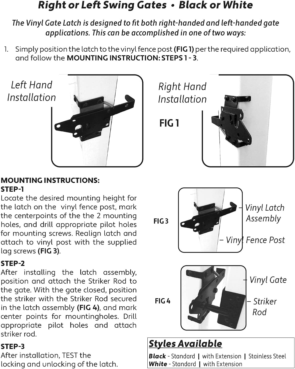White Vinyl Gate Latch with Mounting Hardware for Vinyl, Wood, PVC Fencing - 90 Degree Bracket for Secure Gate Connection