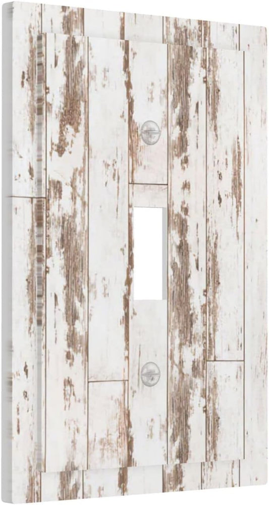 White Wooden Brown Farmhouse Rustic Cabin Barn 1 Gang Light Switch Plate - Decorative Single Toggle Wall Cover for Country Vintage Bedroom
