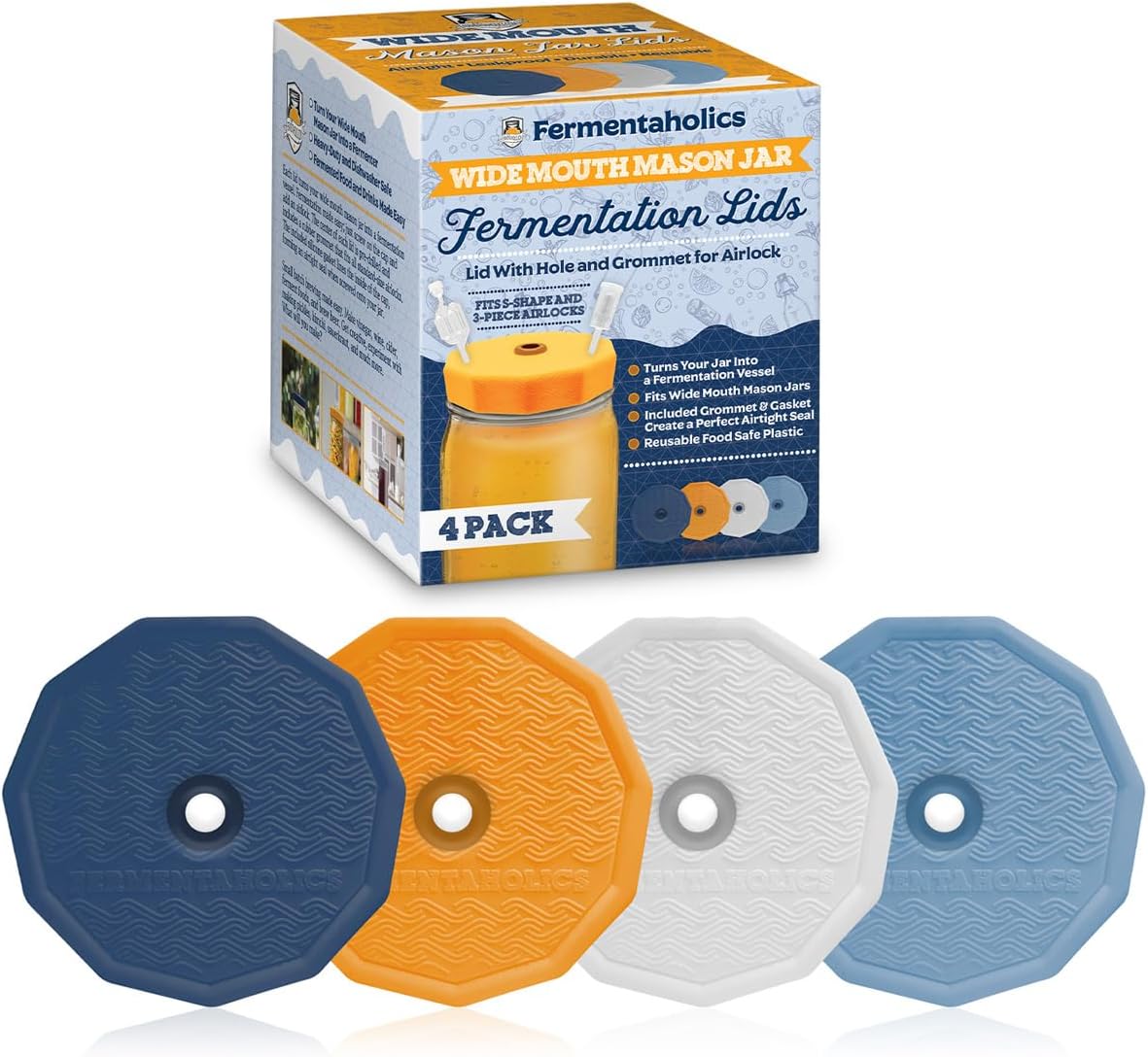 Wide Mouth Mason Jar Fermentation Lids with Grommet Hole for Airlock - Turn Your Jar Into a Fermentation Vessel - Compatible with Wide Mouth Jars - Airlocks Sold Separately