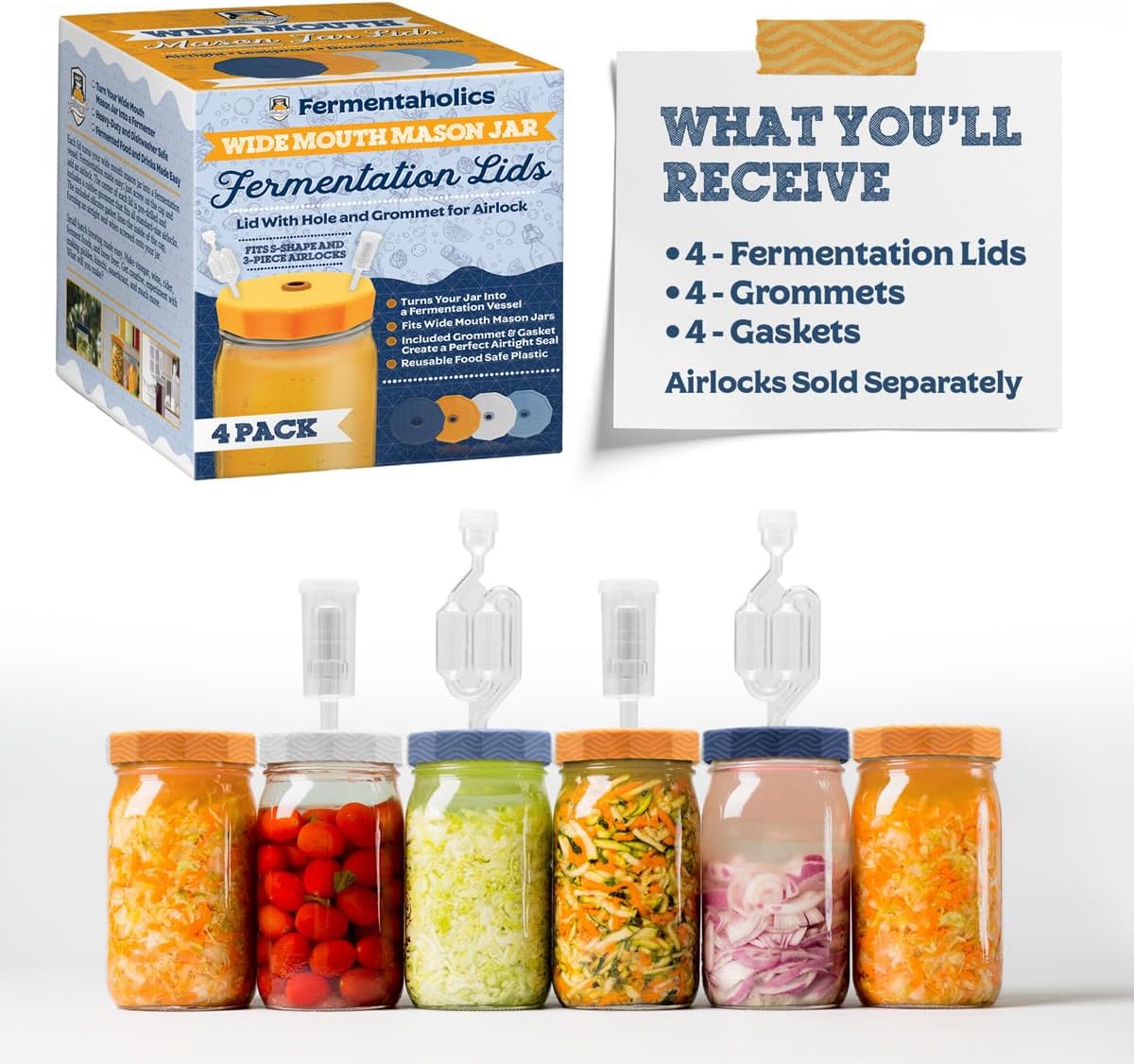 Wide Mouth Mason Jar Fermentation Lids with Grommet Hole for Airlock - Turn Your Jar Into a Fermentation Vessel - Compatible with Wide Mouth Jars - Airlocks Sold Separately