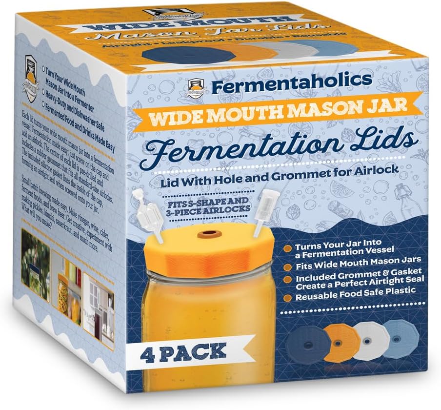 Wide Mouth Mason Jar Fermentation Lids with Grommet Hole for Airlock - Turn Your Jar Into a Fermentation Vessel - Compatible with Wide Mouth Jars - Airlocks Sold Separately