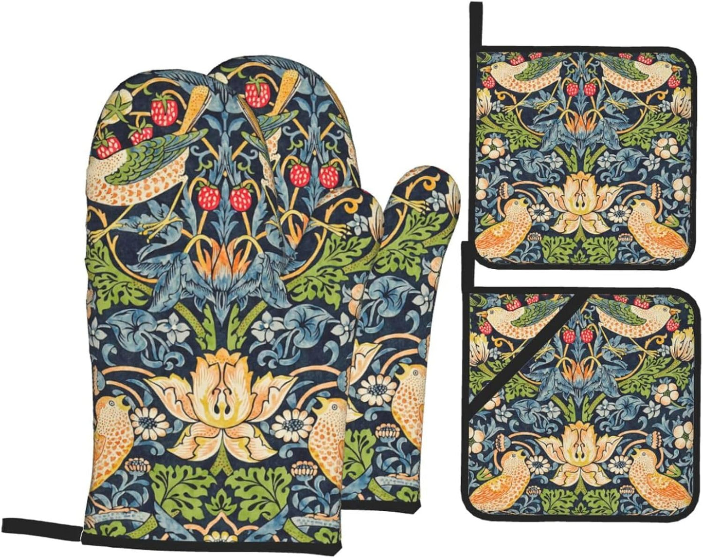 William Morris Strawberry Thief Floral Oven Mitts and Pot Holders Set - High Heat Resistant, Extra Thick Cotton Gloves for Cooking (4 Pieces)