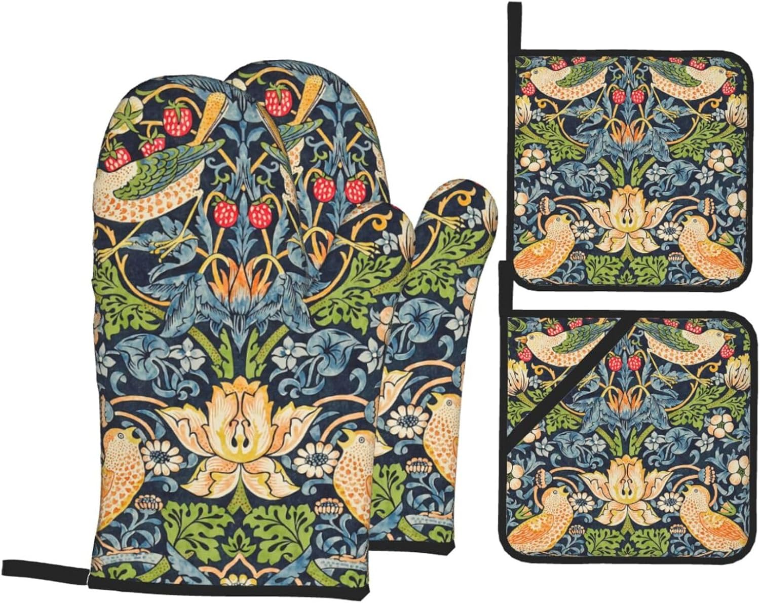 William Morris Strawberry Thief Floral Oven Mitts and Pot Holders Set - High Heat Resistant, Extra Thick Cotton Gloves for Cooking (4 Pieces)