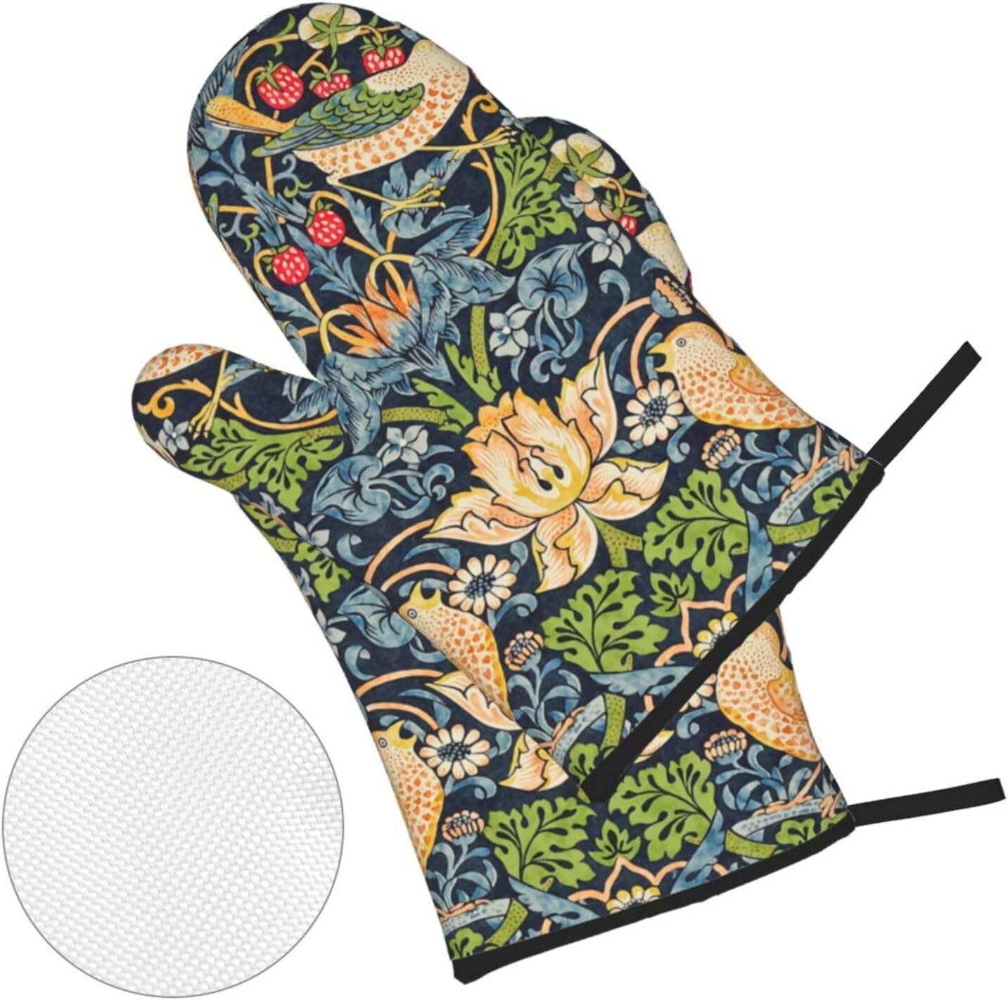 William Morris Strawberry Thief Floral Oven Mitts and Pot Holders Set - High Heat Resistant, Extra Thick Cotton Gloves for Cooking (4 Pieces)