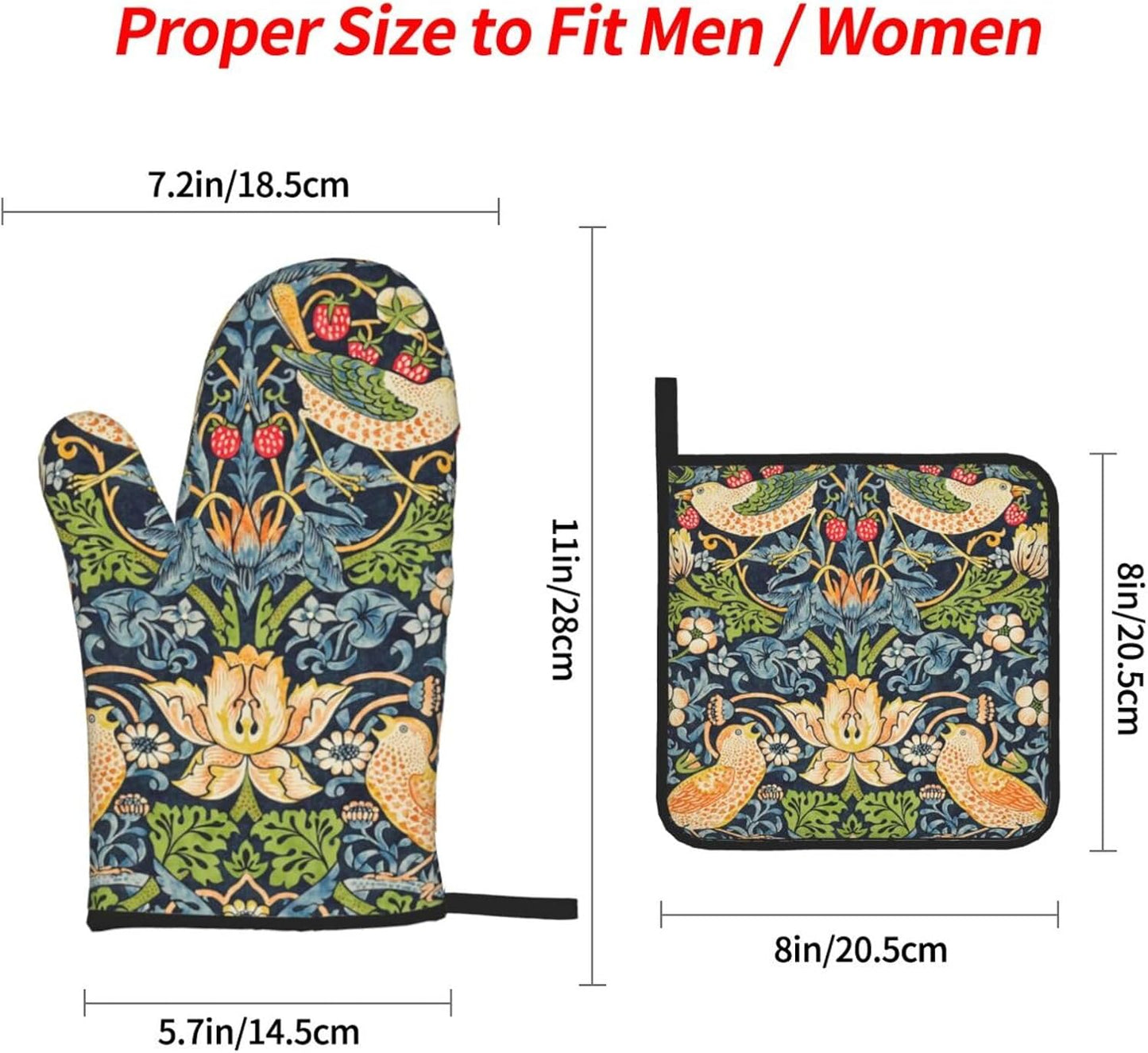 William Morris Strawberry Thief Floral Oven Mitts and Pot Holders Set - High Heat Resistant, Extra Thick Cotton Gloves for Cooking (4 Pieces)