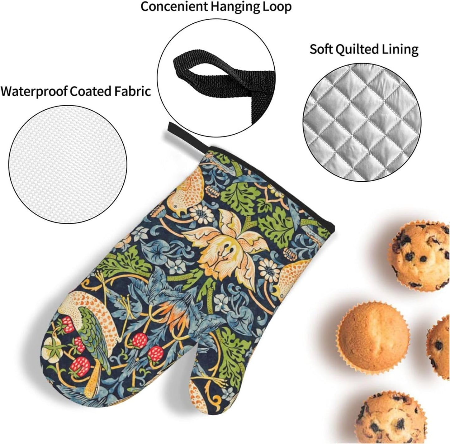 William Morris Strawberry Thief Floral Oven Mitts and Pot Holders Set - High Heat Resistant, Extra Thick Cotton Gloves for Cooking (4 Pieces)