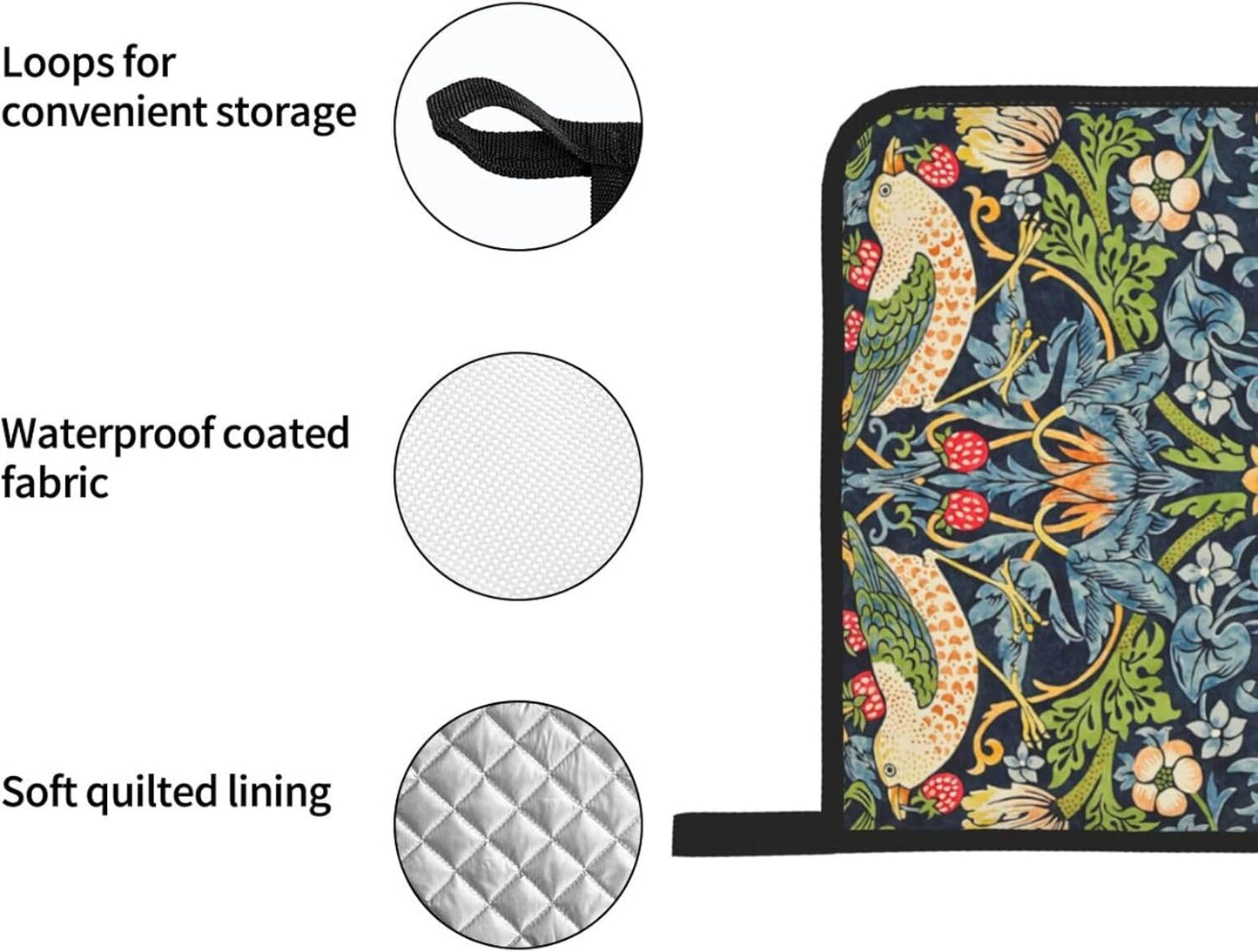 William Morris Strawberry Thief Floral Oven Mitts and Pot Holders Set - High Heat Resistant, Extra Thick Cotton Gloves for Cooking (4 Pieces)